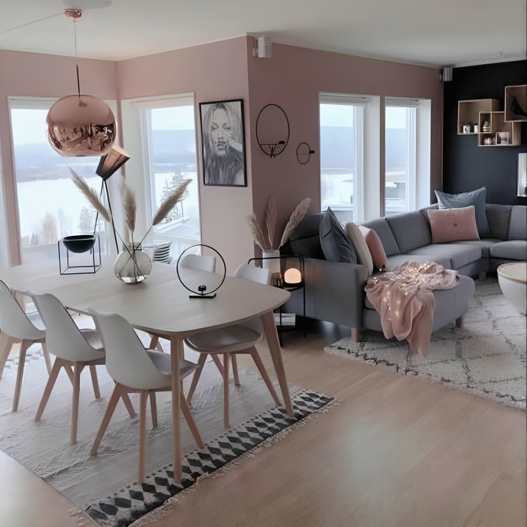 Elegancia Rosa: Un Salón Comedor Moderno y Acogedor